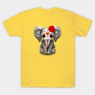 Red Day of the Dead Sugar Skull Baby Elephant T-Shirt